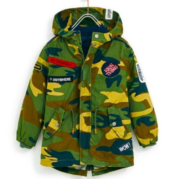 RARE Zara Boys Collection Camouflage Lightweight Hooded Jacket w Patches-Size 7 - Picture 1 of 16